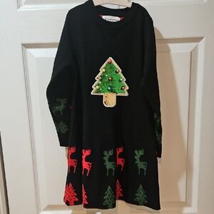 Girls Festive Black Dress with Christmas Tree and Reindeer Design